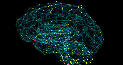 A digital illustration of a brain formed by interconnected blue lines and yellow dots, representing neural networks or artificial intelligence, on a black background—perfect for Chicago lawyers seeking advanced litigation support.
