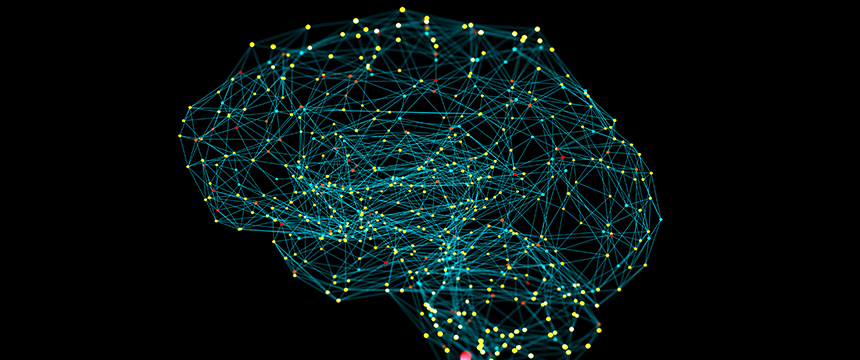 A digital illustration of a brain formed by interconnected blue lines and yellow dots, representing neural networks or artificial intelligence, on a black background—perfect for Chicago lawyers seeking advanced litigation support.