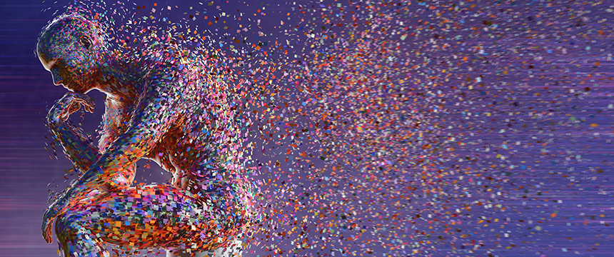 A human figure made of colorful particles sits in a thinking pose, with particles dispersing into the background on a purple gradient—evoking the creativity and innovation vital to chicago lawyers specializing in intellectual property law.