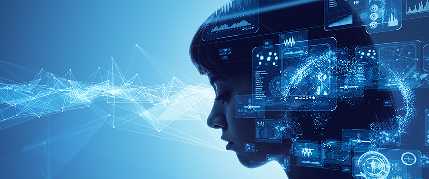 Silhouette of a person's head overlaid with digital data graphics, charts, and network connections, symbolizing artificial intelligence and technology integration in a modern corporate law office or among innovative Chicago lawyers.