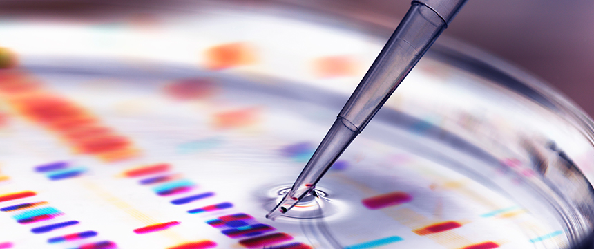 A pipette dispensing liquid onto a petri dish with a colorful DNA sequencing gel pattern in the background, symbolizing innovation and protection—key concerns for intellectual property law experts.