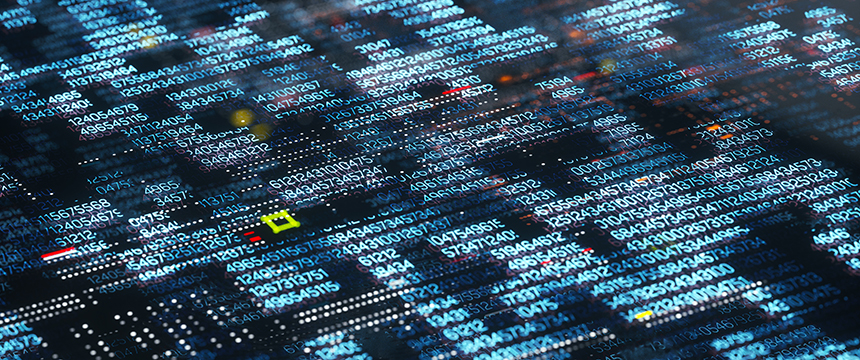 A digital screen displays rows of numbers, codes, and data points in various colors, representing digital information or data processing at a corporate law office staffed by skilled Chicago lawyers.