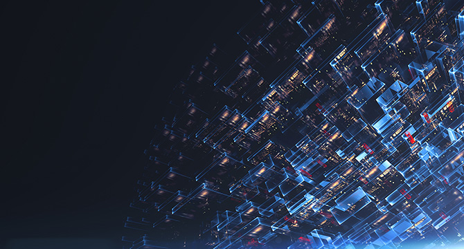 A digital abstract image showing clusters of blue and orange illuminated geometric shapes resembling transparent blocks floating against a dark background, evoking the dynamic energy found in a leading corporate law office.