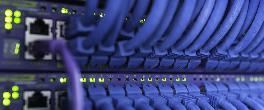 Close-up view of network switches with blue Ethernet cables plugged in and status lights illuminated, ensuring secure connectivity for a corporate law office’s litigation support and intellectual property law operations.