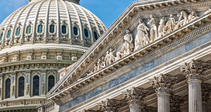 Close-up view of the United States Capitol dome and the decorative façade of its adjacent building, echoing the prestige found in a top corporate law office, with columns and sculpted figures set against a blue sky.