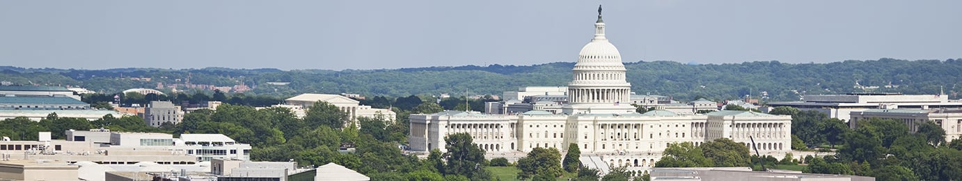 The United States Capitol building is seen in the center of the image, surrounded by trees and other government buildings, much like how law offices or intellectual property law firms anchor cityscapes under a clear sky.