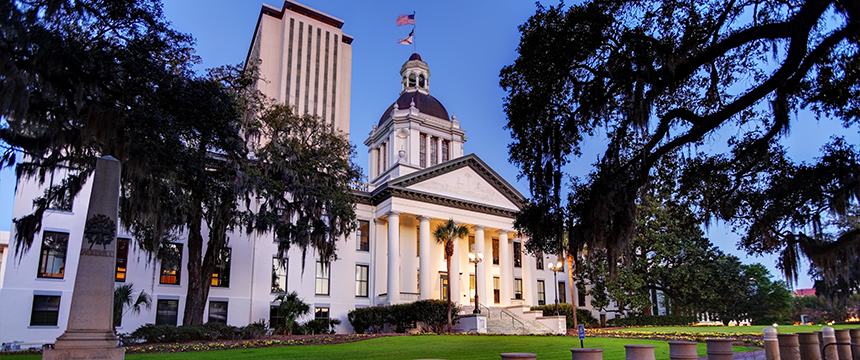 The image shows the Florida State Capitol building in Tallahassee at dusk, featuring white columns, a central dome, and a tall office tower—an impressive setting reminiscent of prestigious law offices or litigation support centers.