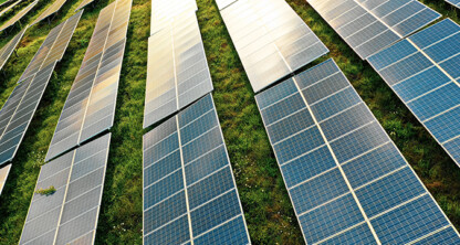 Rows of solar panels installed outdoors on a grassy field, angled to capture sunlight for generating renewable energy—a sustainable initiative often advised by law offices focused on environmental and corporate compliance.