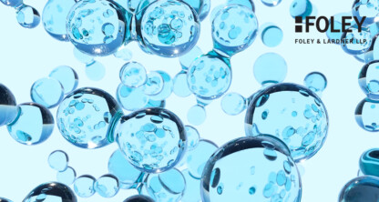 Close-up of numerous translucent blue spheres floating against a light background with the Foley & Lardner LLP logo in the top right corner, reflecting the innovative spirit of this leading corporate law office.