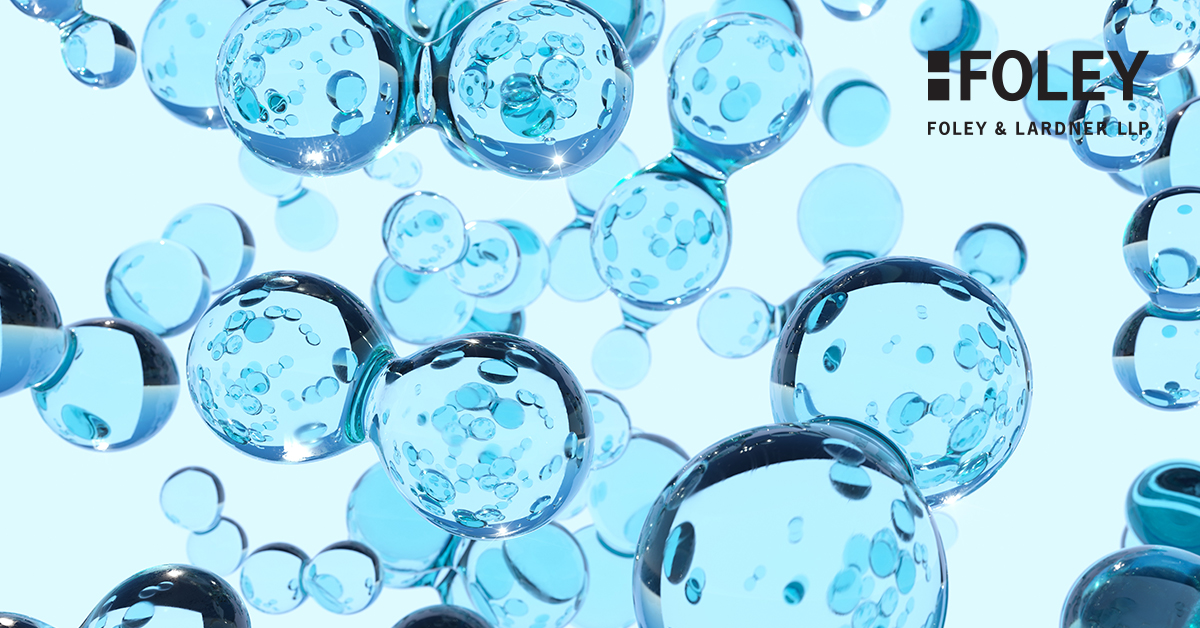Close-up of numerous translucent blue spheres floating against a light background with the Foley & Lardner LLP logo in the top right corner, reflecting the innovative spirit of this leading corporate law office.