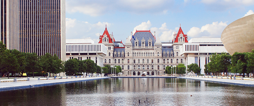 The image shows the New York State Capitol building in Albany, reflected in a large rectangular pool, surrounded by trees and modern buildings—an inspiring scene for law offices or firms offering litigation support.