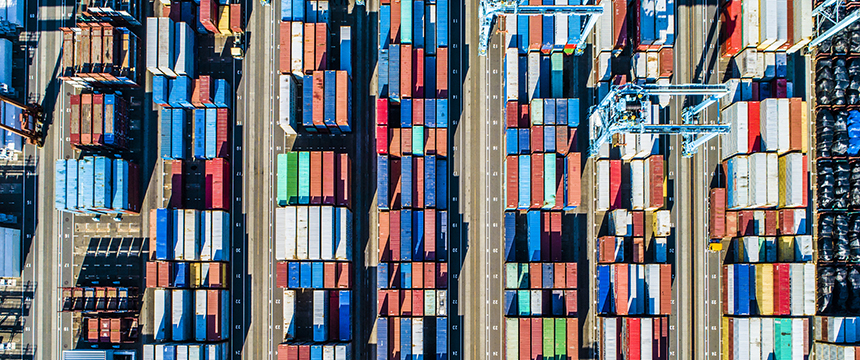 Aerial view of a shipping port showing rows of colorful cargo containers and cranes along multiple lanes, resembling the organized precision found in a corporate law office or the meticulous planning behind litigation support.