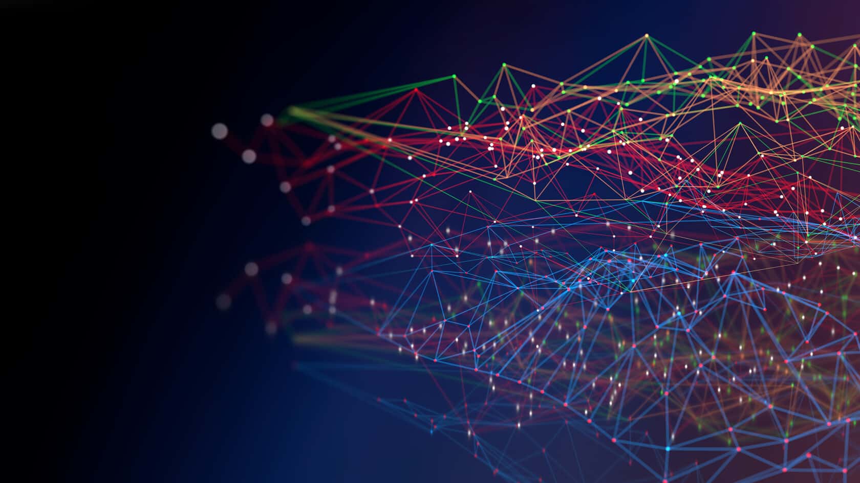 A digital illustration of interconnected multicolored lines and nodes forming a network structure on a dark blue background, symbolizing the dynamic connections within a corporate law office or law offices for lawyers in Chicago.
