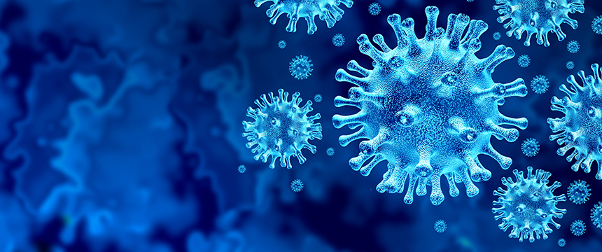 Digital illustration of multiple blue virus particles resembling coronaviruses on a dark blue background, ideal for Chicago lawyers or litigation support teams addressing legal challenges related to healthcare or public safety.
