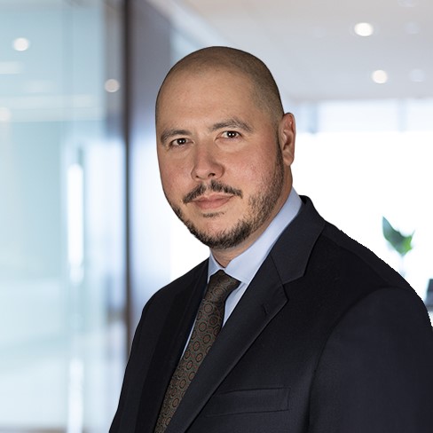 A man in a suit and tie stands in a modern corporate law office with glass walls and natural light, suggesting expertise in litigation support.