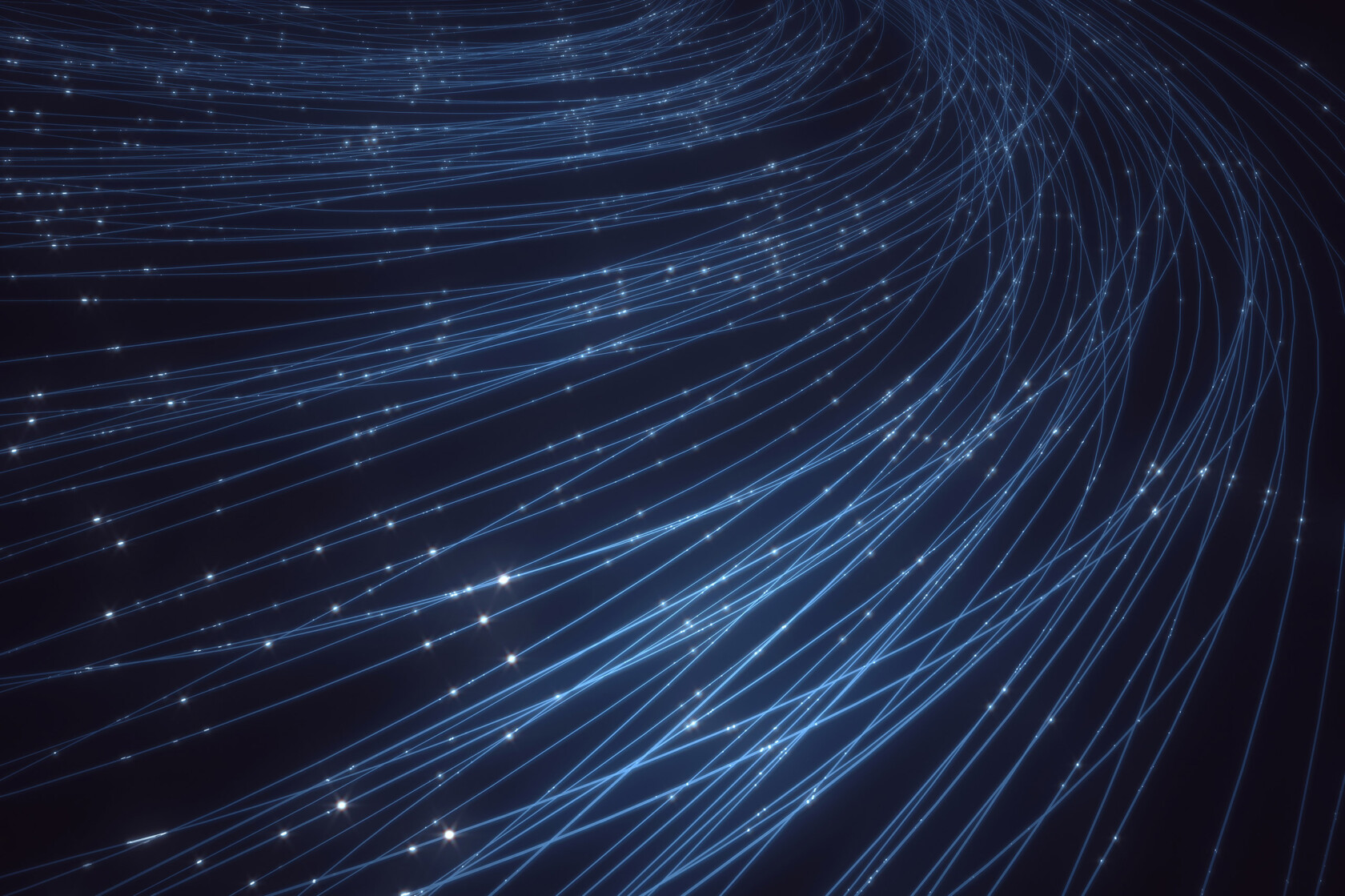 Curved blue light trails on a dark background, resembling data streams or fiber optic cables, with small glowing points—an abstract image evoking the dynamic energy of top Chicago lawyers and innovative law offices.