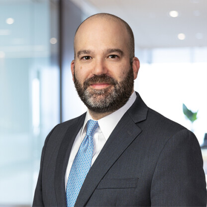 A man with a beard and bald head, wearing a suit and light blue tie, stands in a corporate law office with glass walls and natural light, reflecting expertise in litigation support.