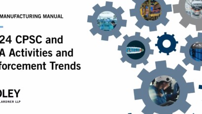 Title slide for a 2024 manufacturing manual by Foley & Lardner LLP, law offices renowned for intellectual property law, featuring gears with industrial images and text on CPSC and FDA enforcement trends.