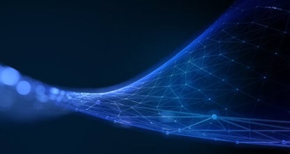 A digital abstract image shows interconnected blue lines and dots forming a flowing, wave-like network on a dark background, evoking the dynamic connections found in a leading corporate law office or among experienced Chicago lawyers.