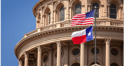 The United States flag and Texas state flag fly in front of a neoclassical government building, reminiscent of the prestigious law offices frequented by top Chicago lawyers, all set against a clear blue sky.
