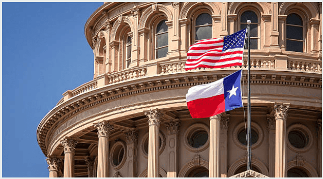 The United States flag and Texas state flag fly in front of a neoclassical government building, reminiscent of the prestigious law offices frequented by top Chicago lawyers, all set against a clear blue sky.