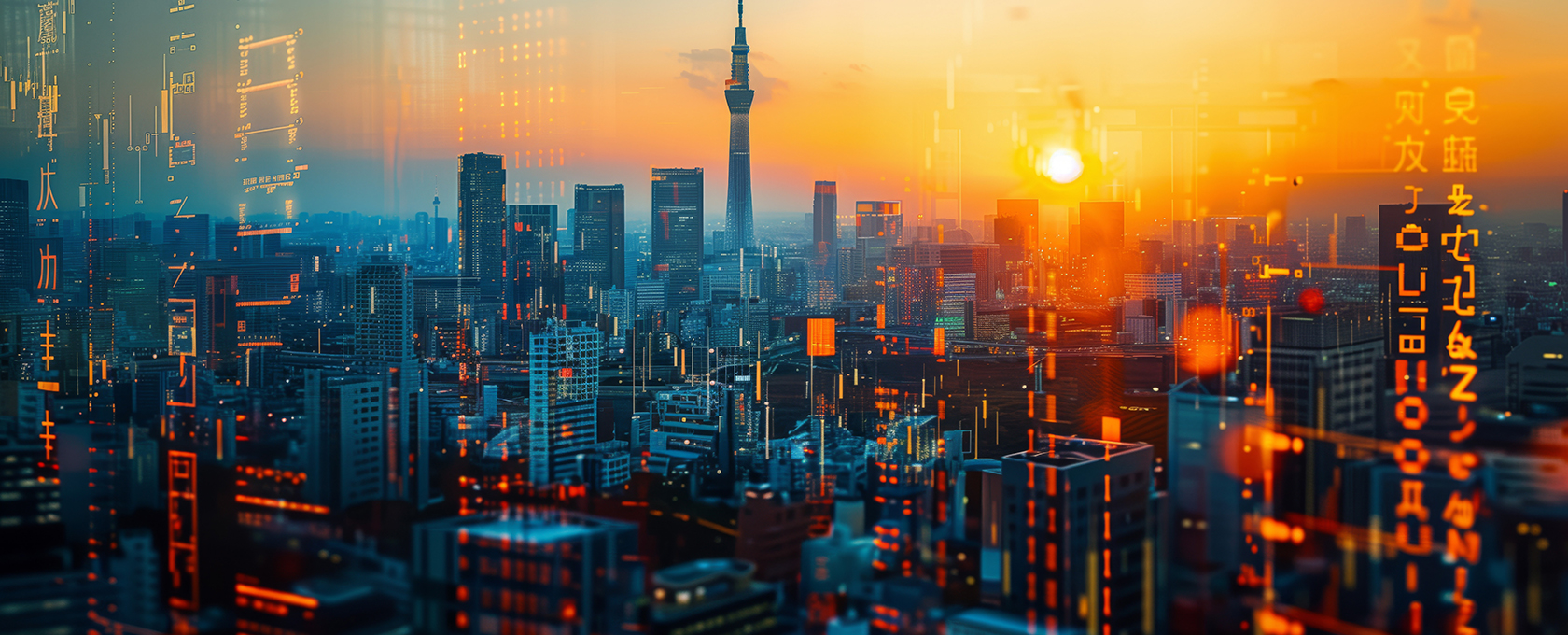 City skyline at sunset with Tokyo Skytree in the background, overlaid with abstract digital code and glowing data symbols, evoking the dynamic environment of a corporate law office specializing in litigation support.