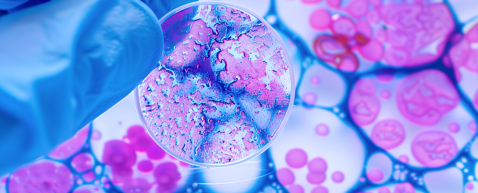 A gloved hand holds a petri dish with blue and purple bacterial cultures; the background features blurred, circular microscope imagery—much like an innovative discovery protected by intellectual property law.