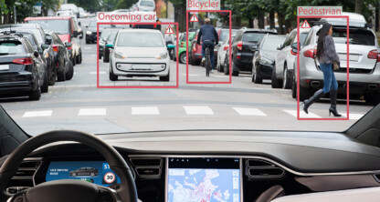 View from inside a car approaching a crosswalk; oncoming car, bicyclist, and pedestrian are marked with red boxes and labels—ideal for chicago lawyers or those needing litigation support in accident cases.