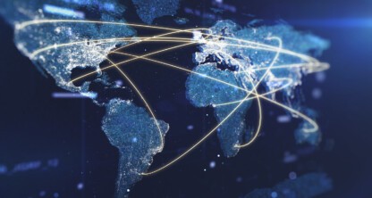 Digital illustration of a world map with glowing lines connecting continents, representing global communication—ideal for a corporate law office or chicago lawyers specializing in intellectual property law.