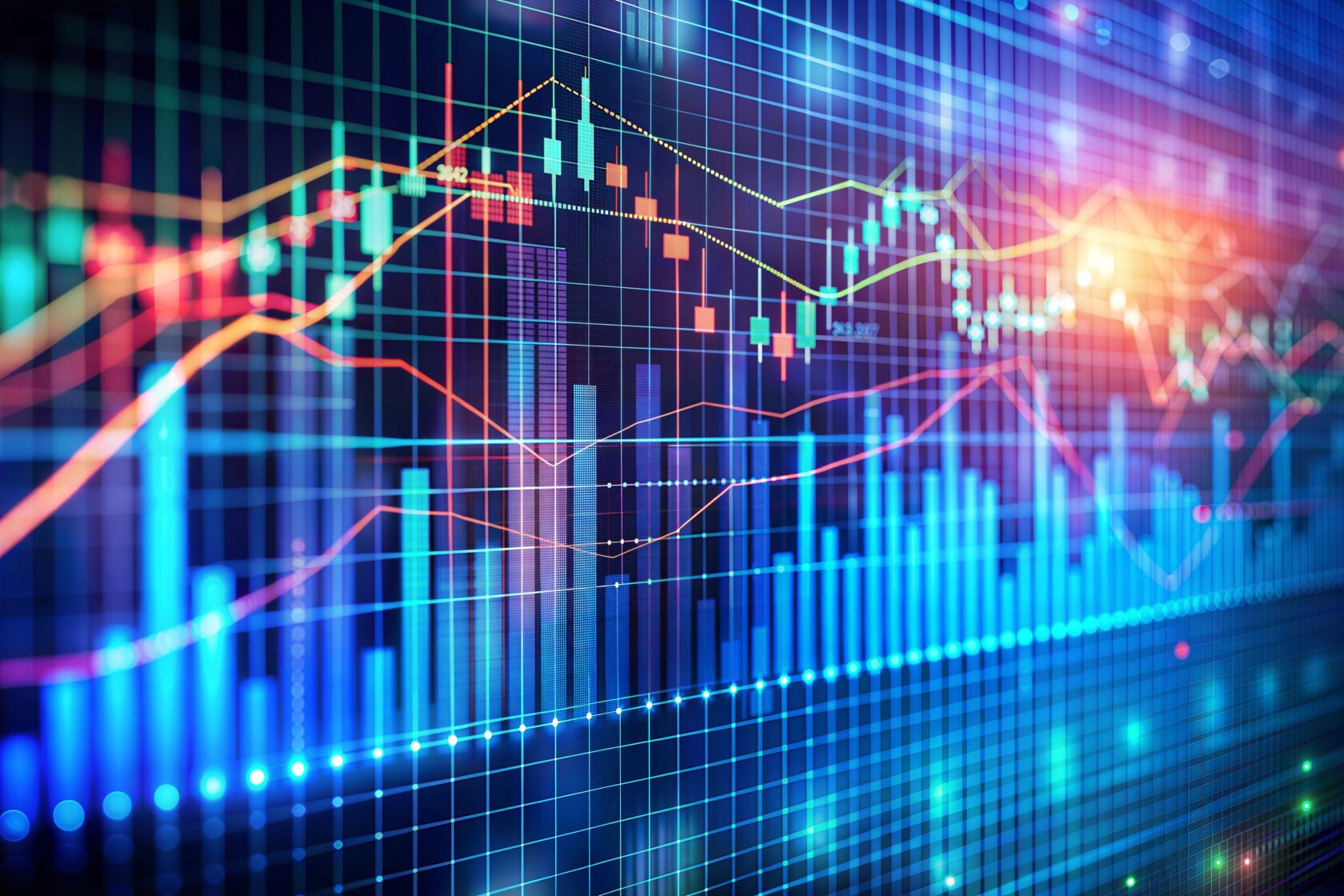 A digital display of various colored financial graphs and candlestick charts, representing market data trends and analytics often analyzed by lawyers in Chicago for cases involving securities or intellectual property law.