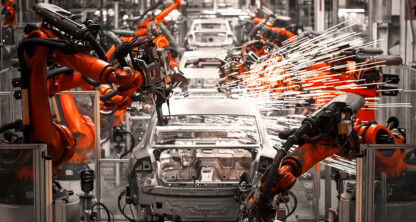 Industrial robots welding and assembling car bodies on a factory production line, with sparks flying in an automotive manufacturing facility.